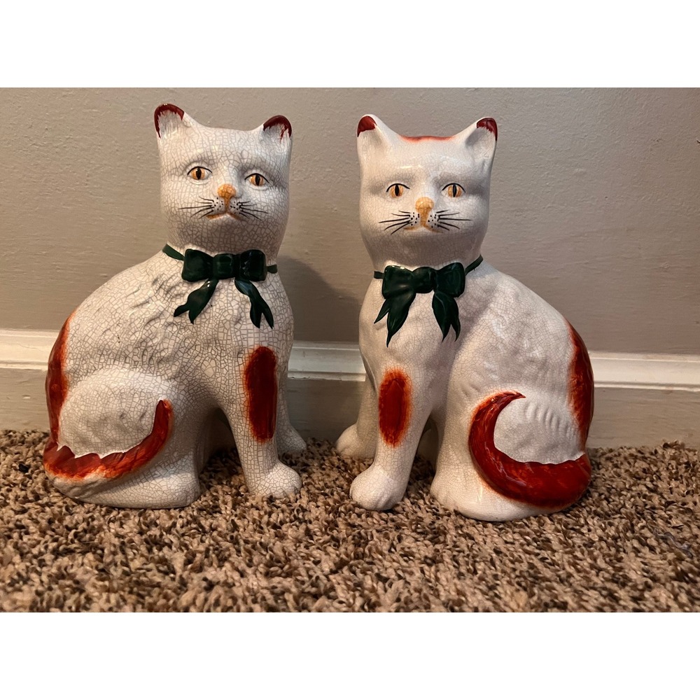 Vintage Pair of Staffordshire Style Pottery Mantle Cats with Crackle Glaze
